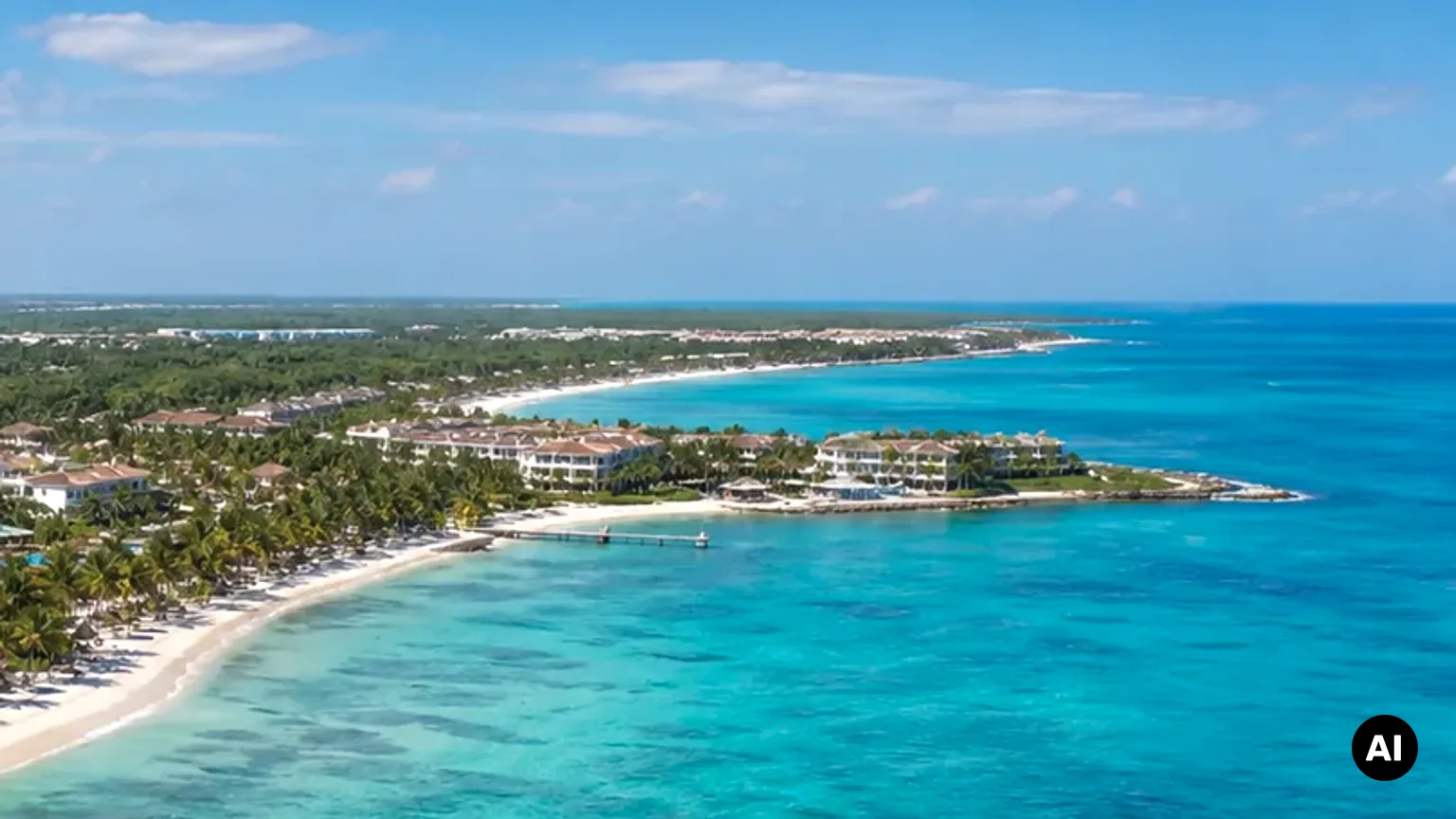 Vista fotográfica de praia e costa em Punta Cana para contextualizar Playa Blanca. Ilustração editorial, não uma fotografia de hotel.