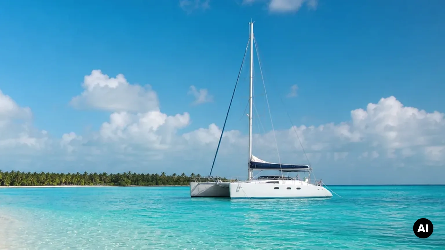 Cena fotográfica de catamaran em água turquesa para atividades em Punta Cana. Ilustração editorial, não uma fotografia de hotel.