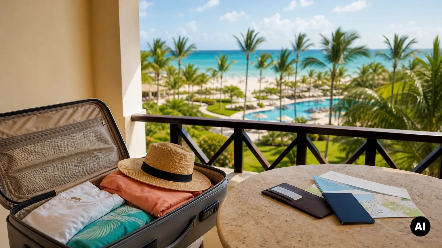 Planeamento de pacote para Punta Cana com voo, resort e transfer. Ilustração editorial, não uma fotografia de hotel.