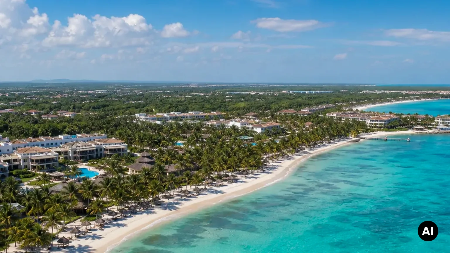 Vista fotográfica de zona costeira de resorts em Punta Cana usada para contextualizar Uvero Alto. Ilustração editorial, não uma fotografia de hotel.