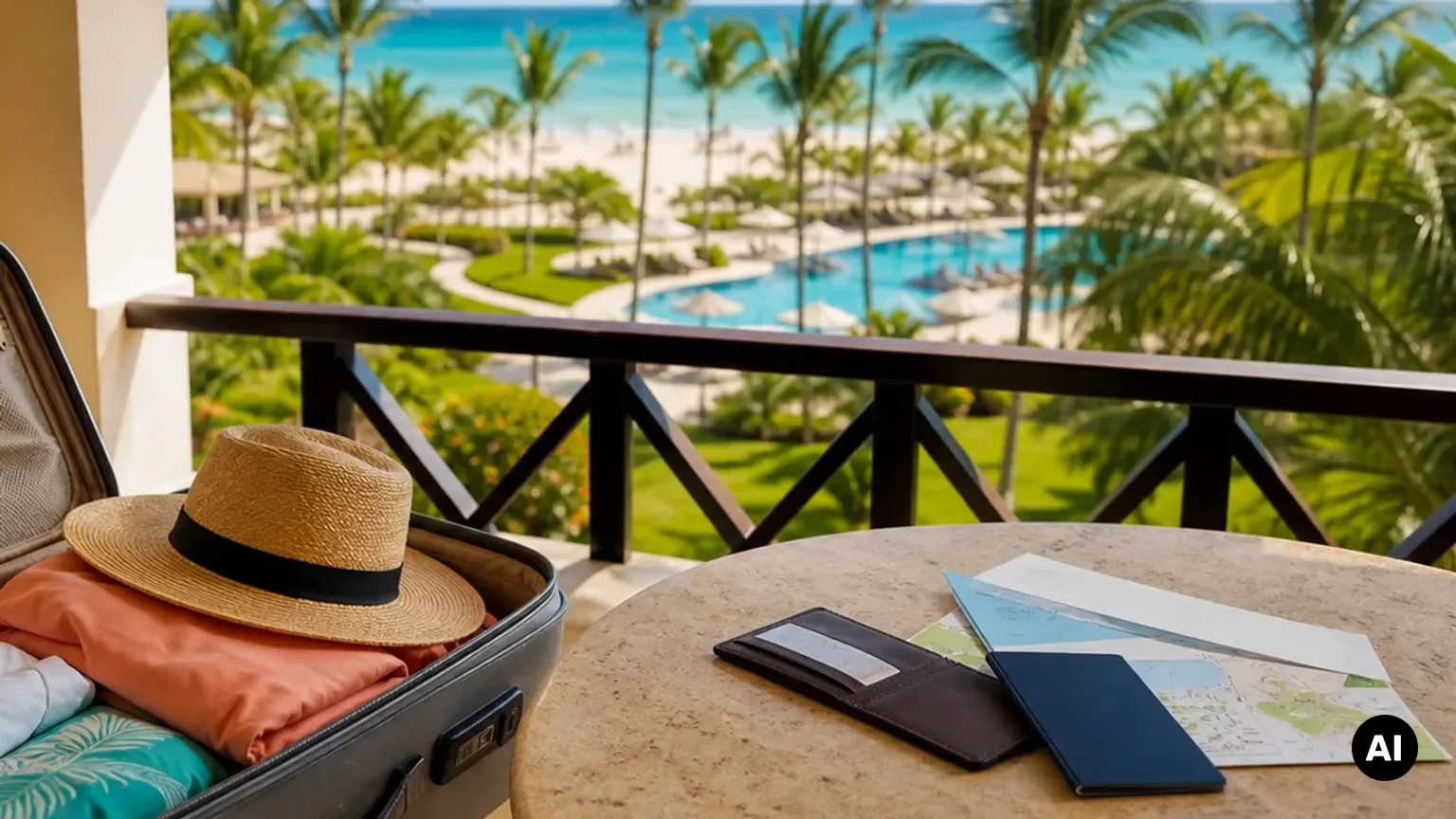 Vista de resort e costa para organizar uma semana equilibrada em Punta Cana. Ilustração editorial, não uma fotografia de hotel.