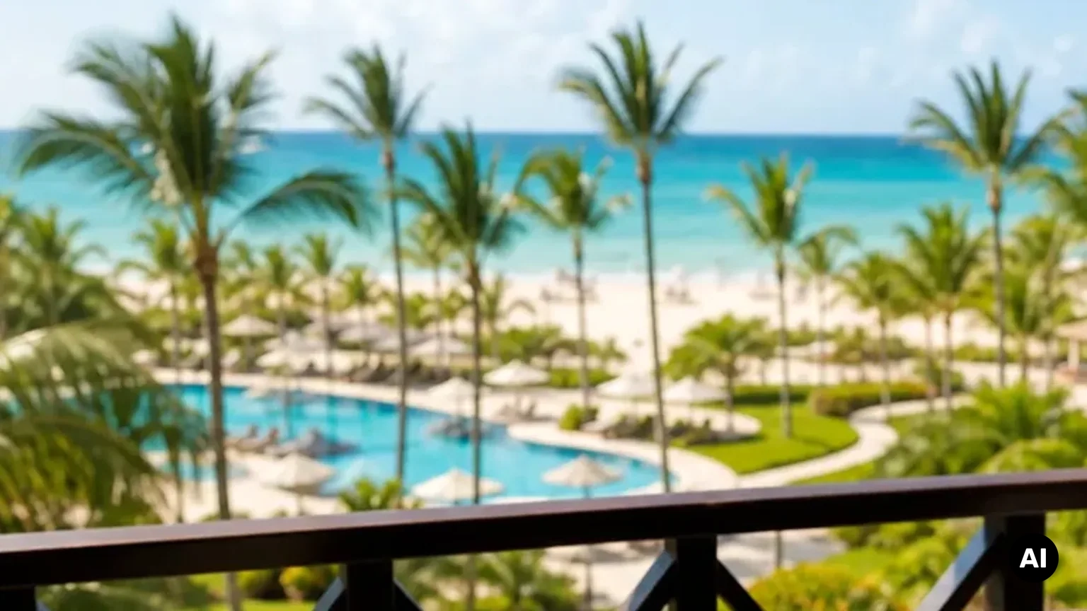 Casal em ambiente de resort e praia para planear uma viagem tranquila a Punta Cana. Ilustração editorial, não uma fotografia de hotel.