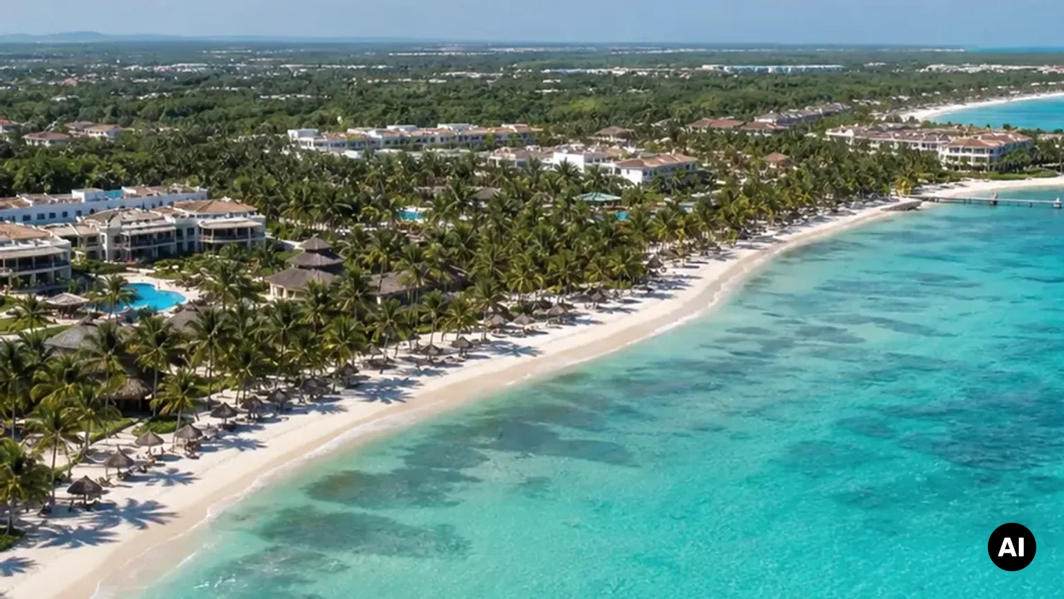 Primeira viagem a Punta Cana com organização simples de resort, voo e transfer. Ilustração editorial, não uma fotografia de hotel.