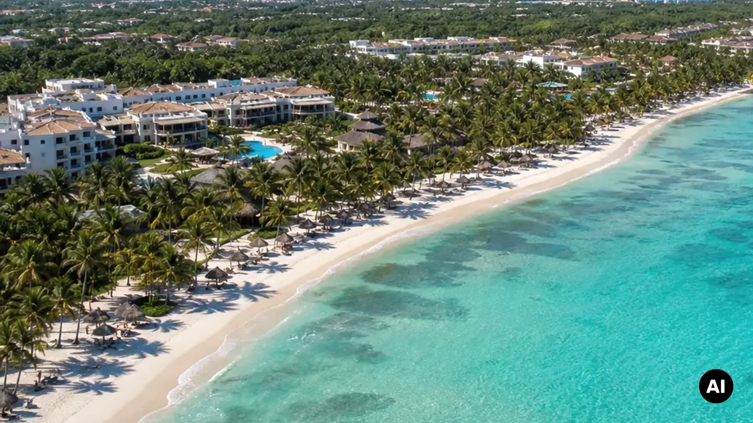 Vista fotográfica de villas e zona costeira de resort em Punta Cana. Ilustração editorial, não uma fotografia de hotel.