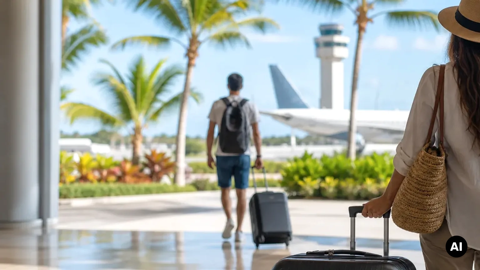 Cena fotográfica de aeroporto tropical para contextualizar rotas desde os Açores para Punta Cana. Ilustração editorial, não uma fotografia de hotel.