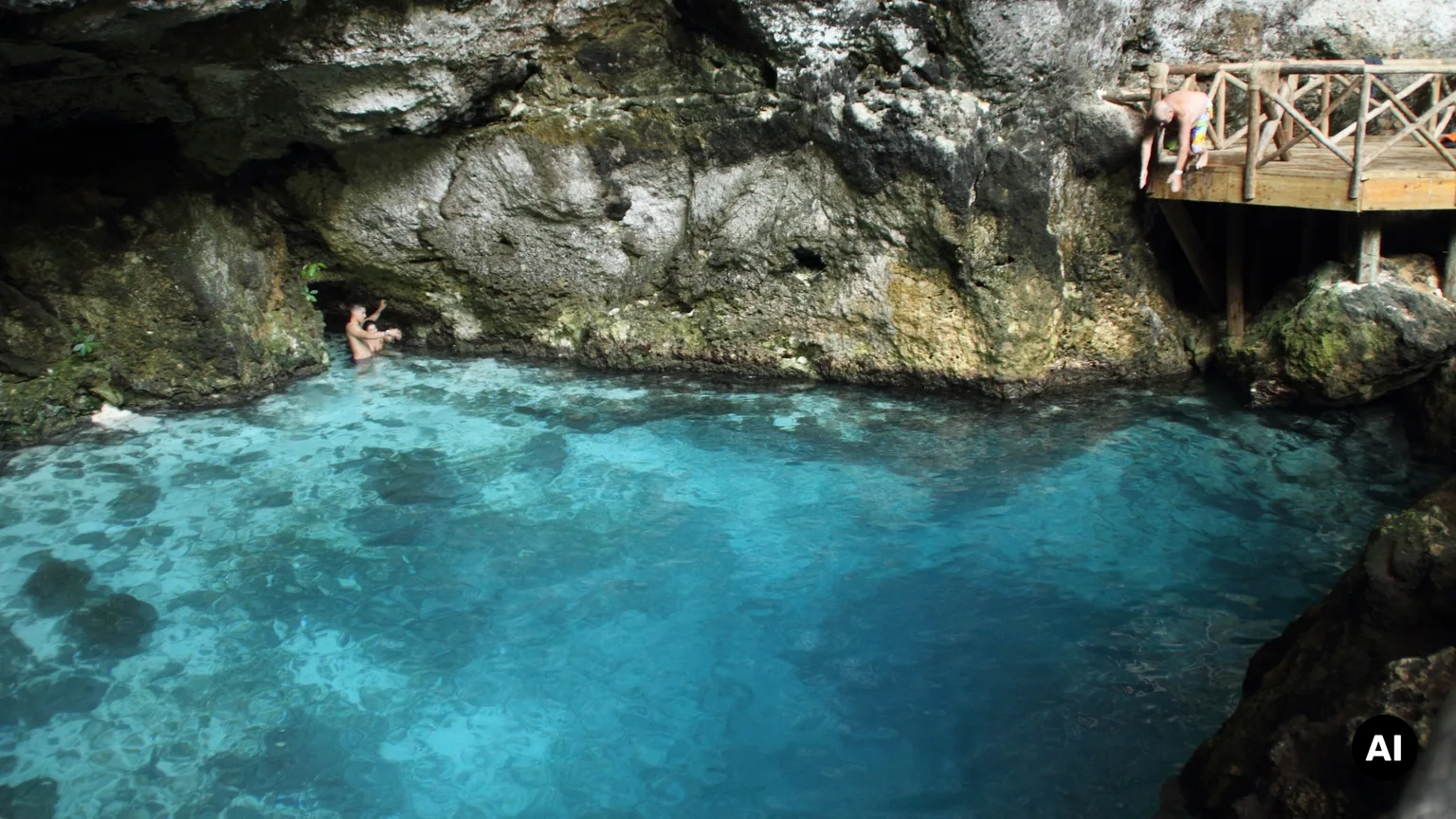 Imagem editorial inspirada no Hoyo Azul em Punta Cana, com água azul e zona rochosa. Ilustração editorial, não uma fotografia de hotel.