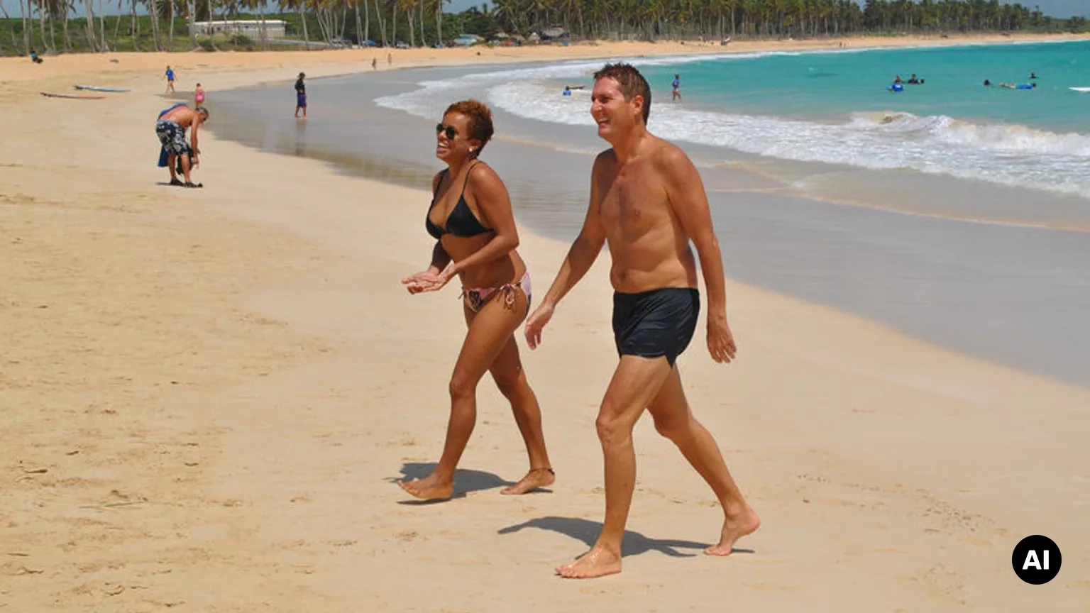 Imagem editorial de Macao Beach em Punta Cana para contextualizar praia natural, buggy tours e surf. Ilustração editorial, não uma fotografia de hotel.