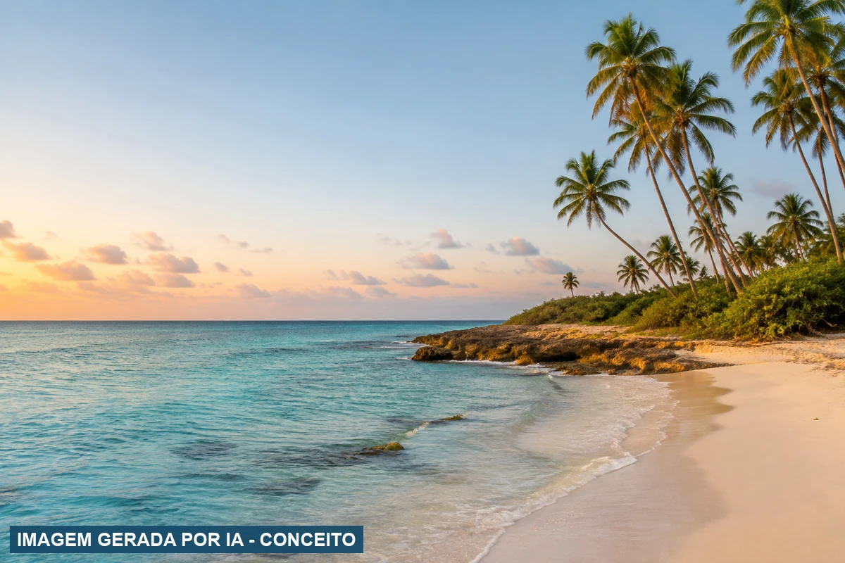 Costa tropical de Punta Cana com mar turquesa, areia clara e palmeiras; conceito editorial não ligado a um resort específico.